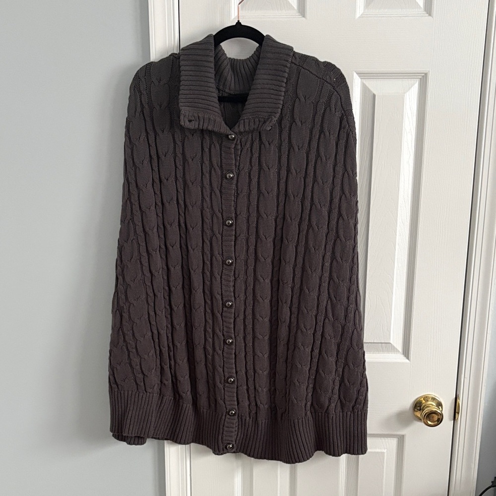 Torrid Grey Cable Knit Sweater Button Front Collared Poncho Sz 3/4 No Arm Holes